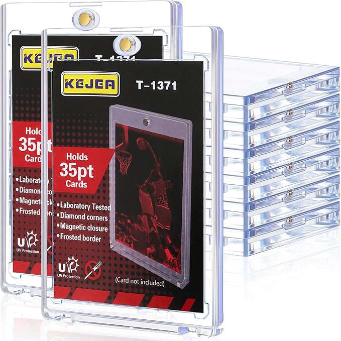 Kejera trading card holder packaging with clear display case on a white background