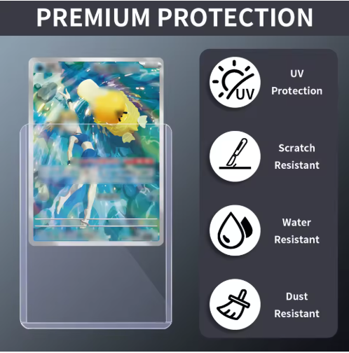 Phone screen protector with UV, scratch, water, and dust resistance features on a dark background